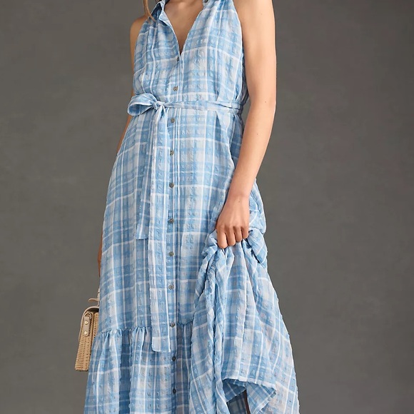 By Anthropologie Sleeveless Button Down Shirt Dress Blue Plaid Maxi Tiered XS - Picture 3 of 14